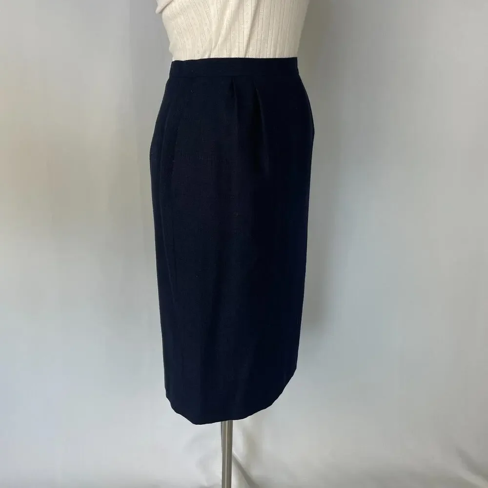Vintage Midi Skirt Size 10 Navy Blue Minimal Secretary Retro High Rise 80s 90s